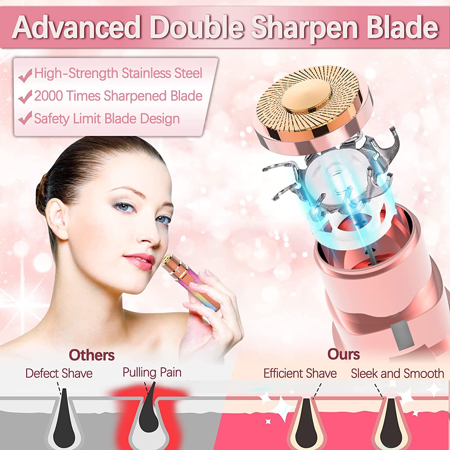 Maywiyi Eyebrow Razor,Facial Hair Removal for Women,2 in 1 Trimmer and Epilator Painless Hair Remover Rechargeable Face Shaver for Peach Fuzz , Lips, Chin, Arms with LED Light - Image 2